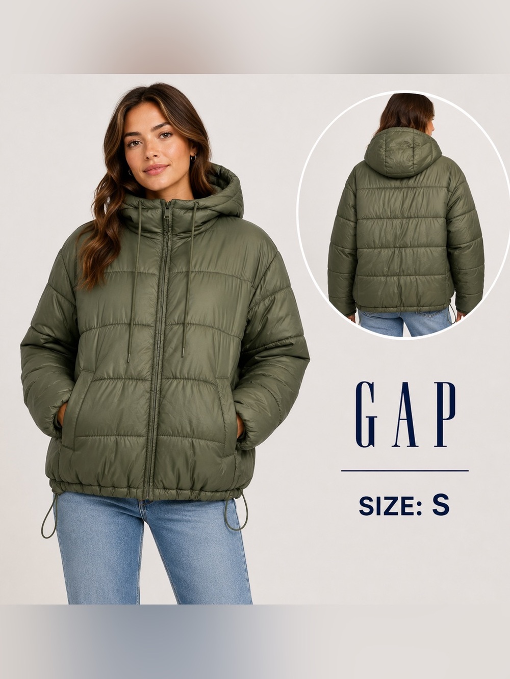 GAP Women’s Green Hooded Puffer Jacket Size S PrimaLoft Water Resistant gorpcore